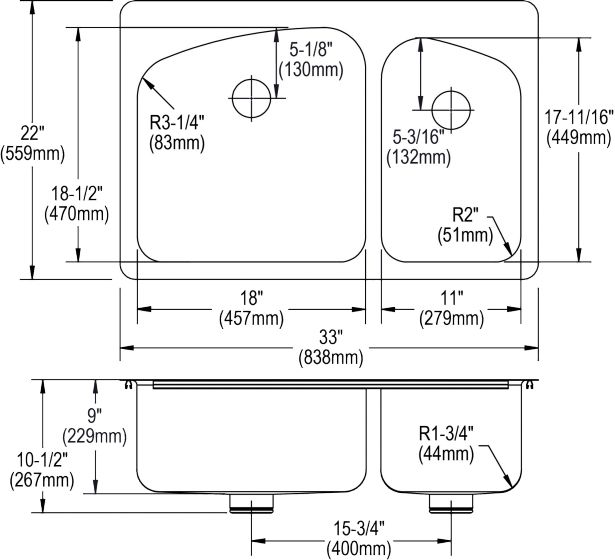 Elkay Lustertone® Classic Lustrous Satin 33" x 22" x 9" 3-Hole 60/40 Double Bowl Dual Mount Sink with Perfect Drain®-1