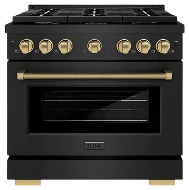 ZLINE Autograph Edition Paramount 36" Black Stainless Steel/Champagne Bronze Helix Handle Freestanding Gas Range with 6 Burner Cooktop and Convection Gas Oven-0