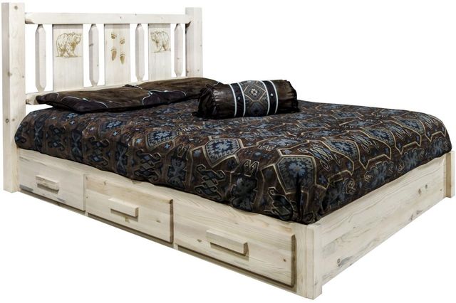 Montana Woodworks® Homestead Ready to Finish Full Platform Storage Bed with Laser Engraved Bear Design-0