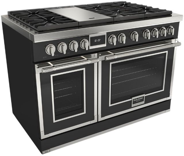 Fulgor Milano® Evoque 400 Series 48” Glossy Black Pro Style Dual Fuel Range with Chrome Trim-0