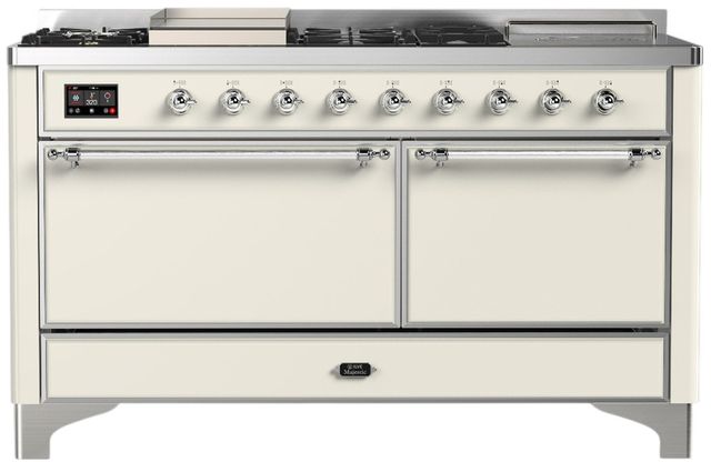 Ilve® Majestic III 60" Antique White Pro Style Dual Fuel Natural Gas Range with Griddle and Chrome Trim-0