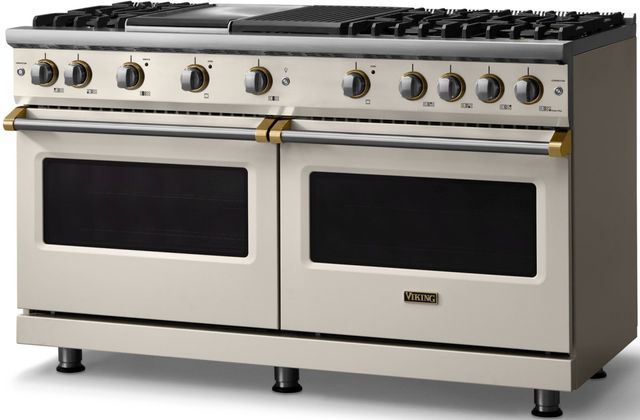 Viking® 5 Series 60" Pure White Pro Style Gas (LP) Range with Brushed Brass Trim-2