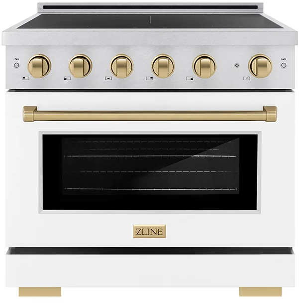 ZLINE Autograph Edition 36 in. 5.2 cu. ft. Paramount Induction Range with 5 Element Cooktop and Electric Convection Oven in Satin Stainless Steel with White Matte Door and Champagne Bronze Accents (SINRSZ-WM-36-CB)