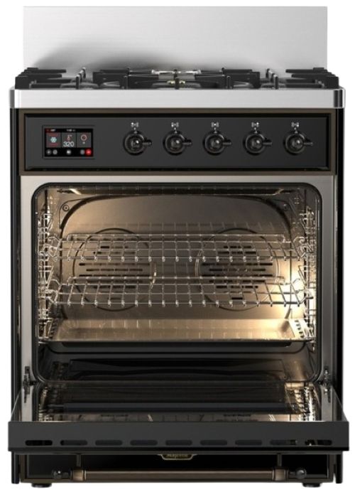 Ilve® Majestic III 30" Glossy Black Pro Style Dual Fuel Liquid Propane Range with 5 Black Brass Burners and Burnished Trim-1