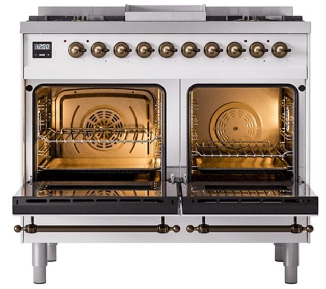 Ilve® Nostalgie II Noblesse 40'' White Pro Style Dual Fuel Range with Burnished Trim-1