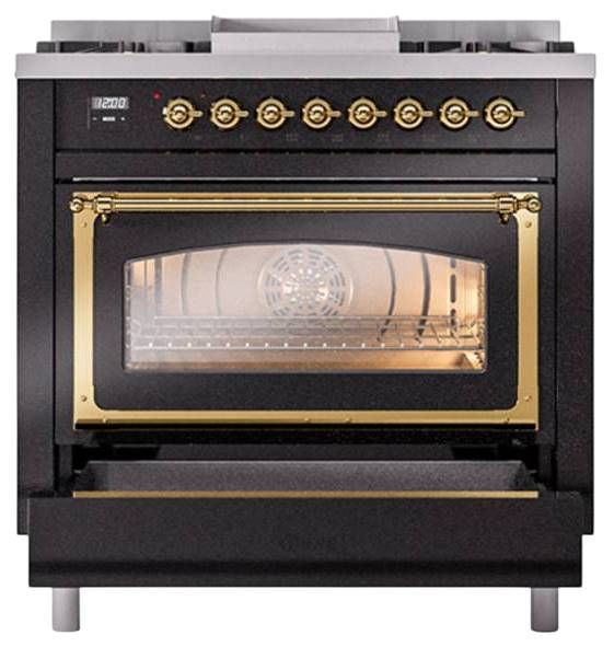 Ilve® Nostalgie II Noblesse 36'' Glossy Black Pro Style Dual Fuel Range with Brass Trim-3