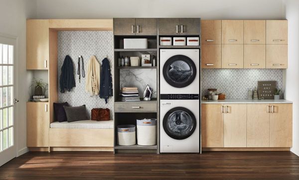 LG 4.5 Cu. Ft. Washer, 7.4 Cu. Ft. Electric Dryer White Front Load Stack Laundry