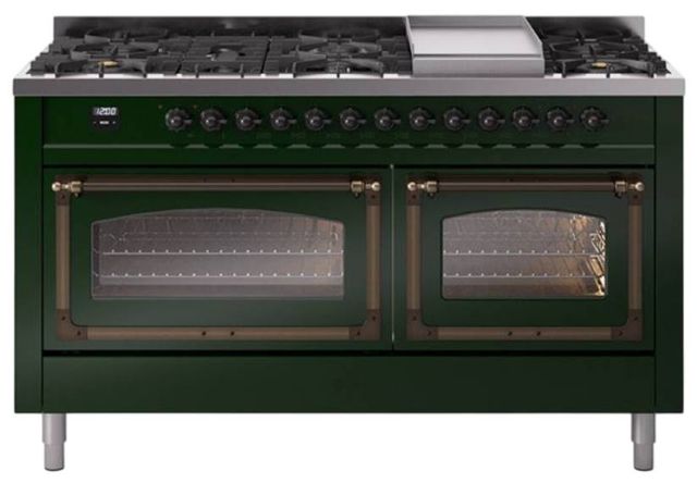 Ilve® Nostalgie II Noblesse 60'' Emerald Green Pro Style Dual Fuel Range with Burnished Trim-0