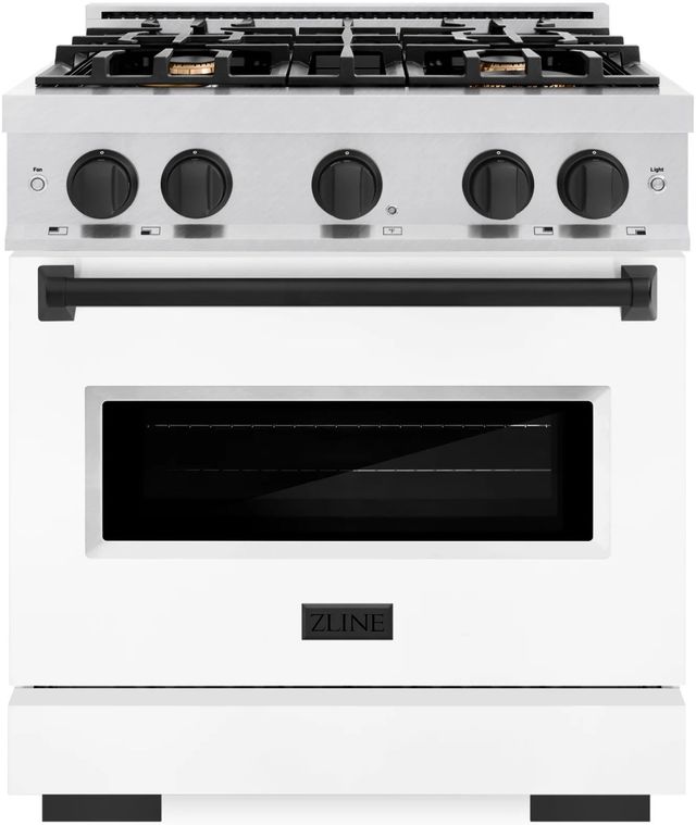 ZLINE Classic Autograph Edition 30" Satin Stainless Steel Pro Style Dual Fuel Range with White Matte Door and Matte Black Accents-0