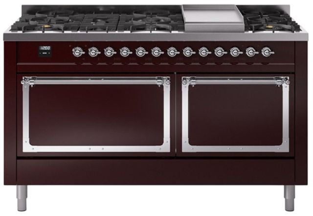 Ilve® Nostalgie II Noblesse 60'' Burgundy Pro Style Dual Fuel Range with Chrome Trim-0