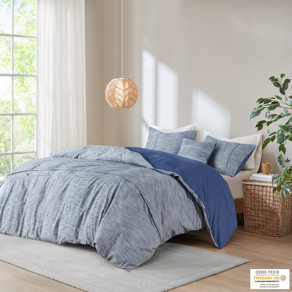 Olliix by Clean Spaces Dover 5 Piece Organic Cotton Oversized Indigo King/California King Comforter Cover Set