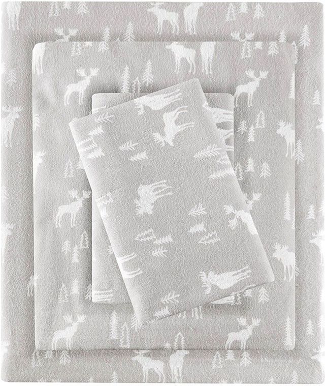 Olliix by Woolrich Grey Moose Queen Flannel Cotton Sheet Set-0