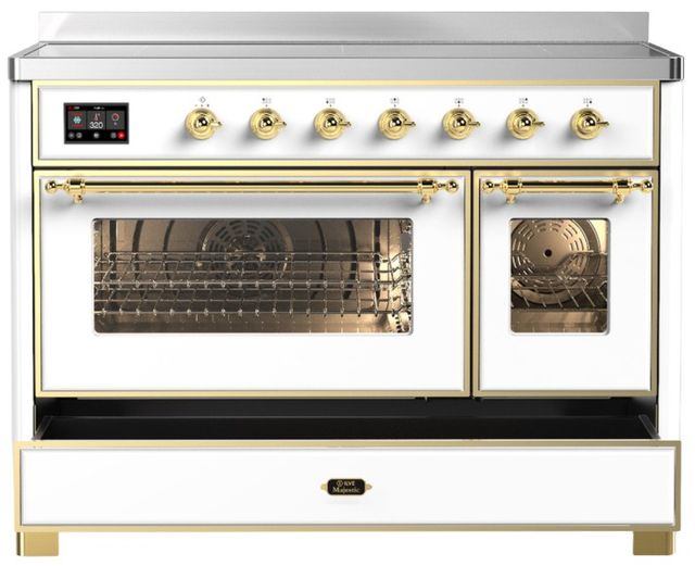 Ilve® Majestic III 48" White Pro Style Induction Range with Triple Glass Door and Brass Trim-2