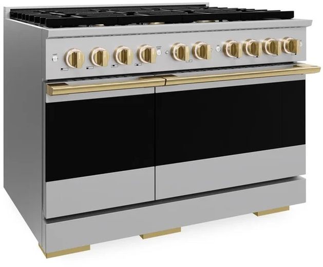 ZLINE Marino 48" Stainless Steel Pro Style Dual Fuel Range with Polished Gold Accents-3