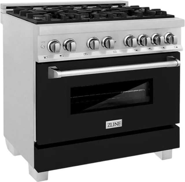 ZLINE 36" Satin Stainless Steel Pro Style Dual Fuel Range with Black Matte Door-3