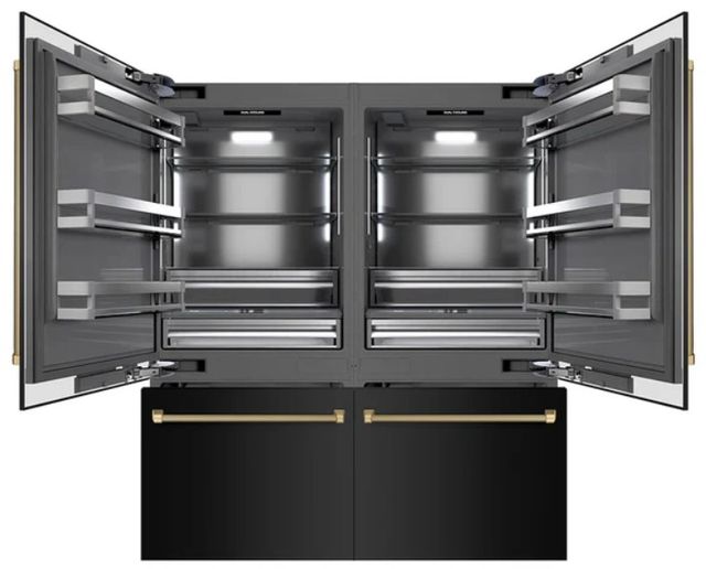 ZLINE Autograph Edition 72" 39.6 Cu. Ft. Black Stainless Steel French Door Built-In Bottom Freezer Refrigerator with Water Dispenser and Ice Maker in Graphite Gray Interior and Champagne Bronze Helix Handles-3