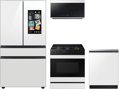 front view of the Samsung 4 Piece White Glass Kitchen Package