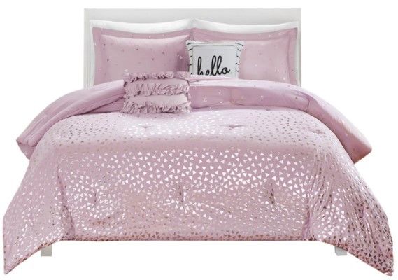 Olliix by Intelligent Design Zoey Purple and Silver King/California King Metallic Triangle Print Comforter Set