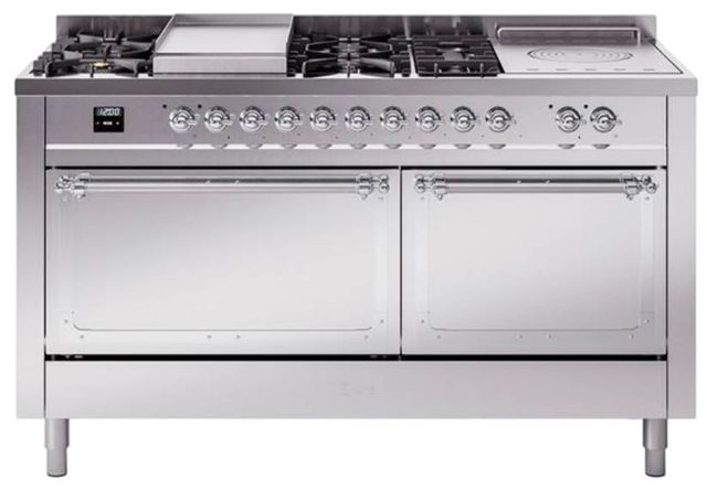 Ilve® Nostalgie II Noblesse 60'' Stainless Steel Pro Style Dual Fuel Range with Chrome Trim-0