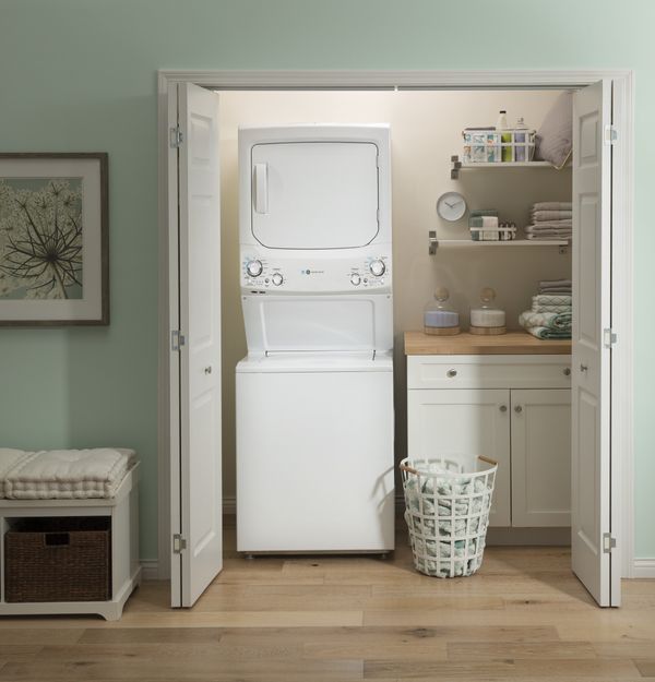 GE Unitized Spacemaker 3.9 Cu. Ft. Washer, 5.9 Cu. Ft. Dryer White Stack Laundry