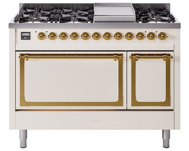 Ilve® Nostalgie II Noblesse 48'' Antique White Pro Style Dual Fuel Range with Brass Trim-0