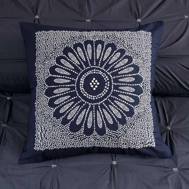 Olliix by INK+IVY Sofia Navy Cotton Embroidered Decorative Square Pillow-1