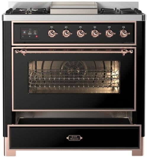 Ilve® Majestic III 36" Glossy Black Pro Style Dual Fuel Liquid Propane Range with 6 Black Brass Burners and Copper Trim-2