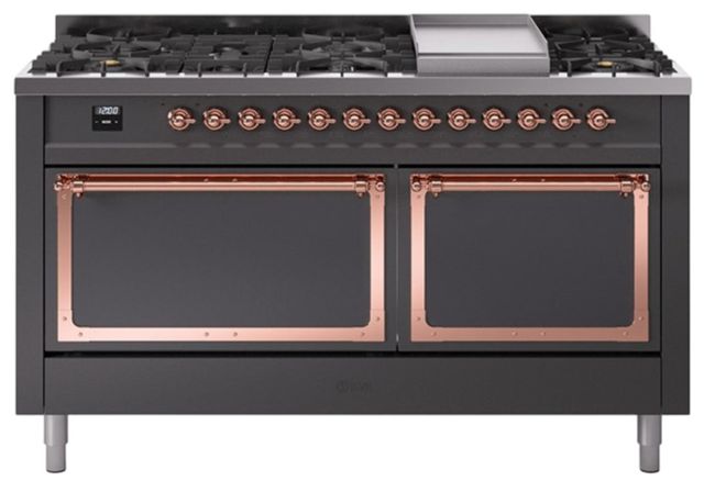 Ilve® Nostalgie II Noblesse 60'' Graphite Matte Pro Style Dual Fuel Range with Copper Trim-0