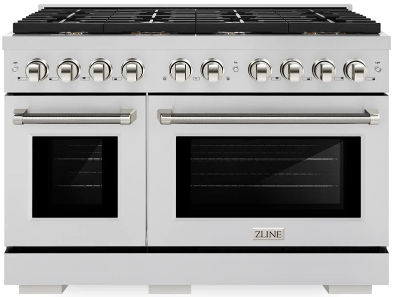 ZLINE Autograph Edition 48 in. 6.7 cu. ft. Paramount Double Oven Dual Fuel Range with 8 Burner Gas Cooktop in Stainless Steel and Polished Nickel Helix Handles and Knob Accents (SDRZ-48-KPN)