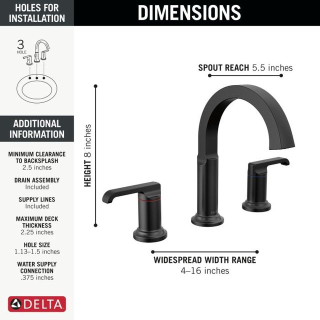 Delta Tetra™ Matte Black 2-Handle Widespread Arched Bathroom Faucet-3