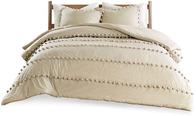 Olliix by Madison Park 3 Piece Taupe Full/Queen Leona Pom Pom Cotton Duvet Cover Set-0