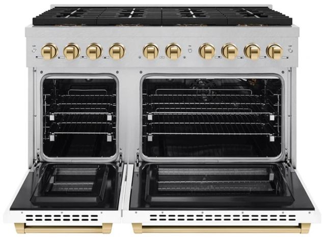 ZLINE Autograph Edition Paramount 48" 6.7 Cu. Ft. Satin Stainless Steel Gas Range with 8 Burner DuoPro™ Cooktop, Dual Ovens, White Matte Doors and Polished Gold Accents-1