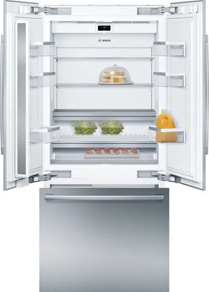 Front view of the Bosch Benchmark® Series 36 in. 19.4 Cu. Ft. Stainless Steel Built In Counter Depth French Door Refrigerator