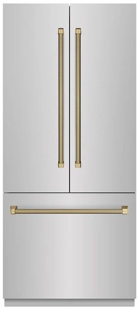 ZLINE Autograph Edition 36 " 19.6 Cu. Ft. Stainless Steel Interior and Polished Gold Helix Handles French Door Built-In Bottom Freezer Refrigerator with Water Dispenser and Ice Maker-0