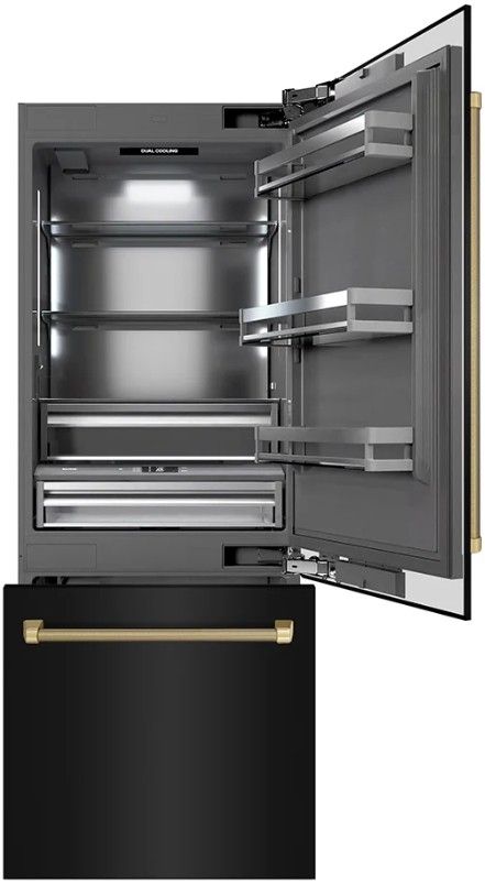 ZLINE Autograph Edition 30" 16.1 Cu. Ft. Black Stainless Steel Built-In Bottom Freezer Refrigerator with Water Dispenser, Ice Maker, Graphite Gray Interior and Champagne Bronze Helix Handles-1