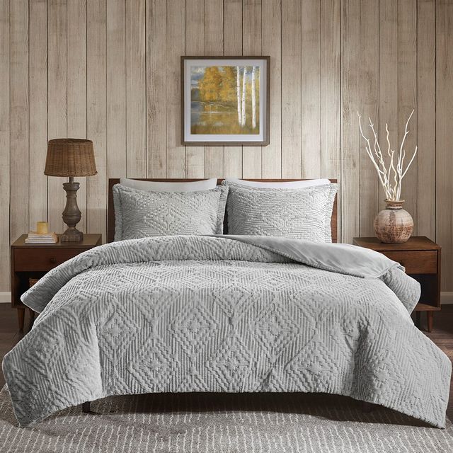 Olliix by Woolrich Woodsman Teton Grey King/California King Embroidered Plush Coverlet Set-0