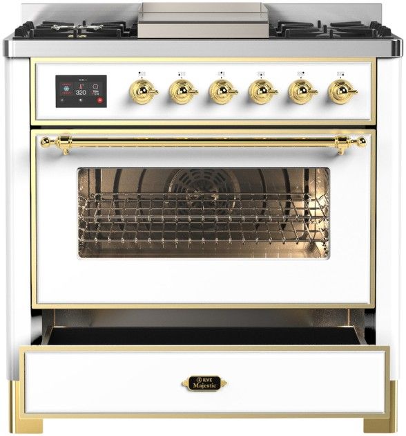Ilve® Majestic III 36'' White Pro Style Dual Fuel Natural Gas Range with Triple Glass Door and Brass Trim-1