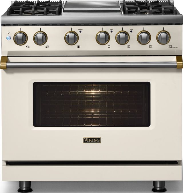 Viking® 5 Series 36" Pure White Pro Style Dual Fuel (LP) Range with Brushed Brass Trim-2
