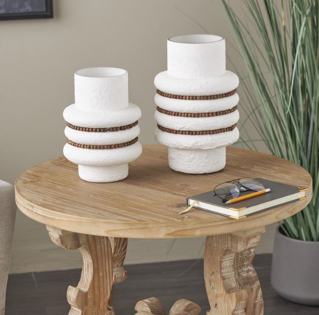 Deco Marche 2-Piece White Glass Vase with Brown Wood Beaded Stripes Set-4