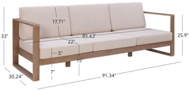 Linon Brinley Beige/Natural Brown Eucalyptus/Fabric Outdoor 3-Seater Sofa-2