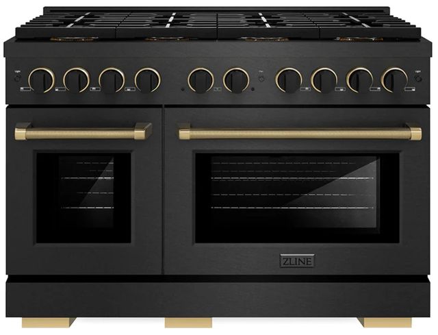 ZLINE Designer Collection Paramount 48" 6.7 Cu. Ft. Black Satin Stainless Steel Gas Range with 8 Burner DuoPro™ Cooktop and Dual Ovens with Black Matte and Champagne Bronze Accents-0