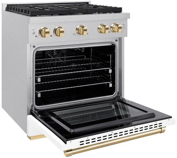 ZLINE Autograph Edition 30" Satin Stainless Steel Pro Style Gas Range with White Matte Door and Polished Gold Accents-3