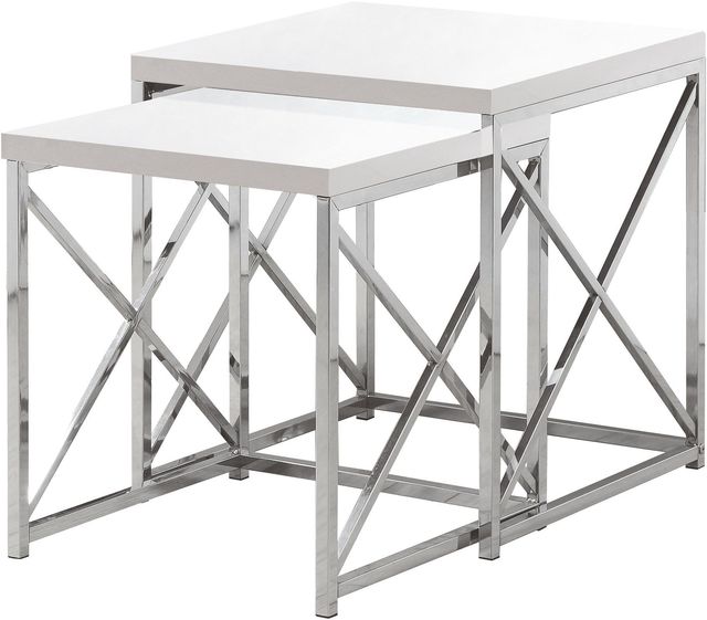 Monarch Specialties Inc. 2-Piece Glossy White Top Chrome Metal Frame Nesting Tables Sets-0