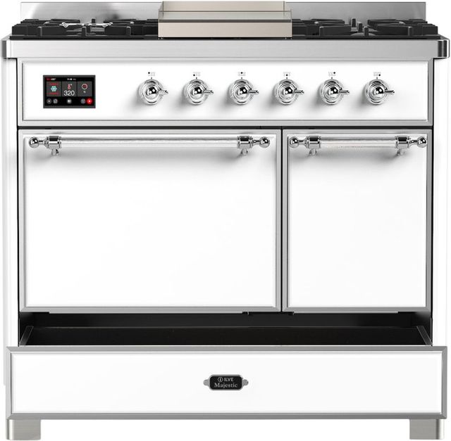 Ilve® Majestic III 40" White Pro Style Dual Fuel Liquid Propane Range with Solid Door and Chrome Trim-1