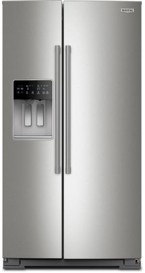 Maytag® 36" 28.7 Cu. Ft. Fingerprint Resistant Stainless Steel Side by Side Refrigerator with Arctic Blue Interior Front view of the Maytag® 36" 28.7 Cu. Ft. Fingerprint Resistant Stainless Steel Side by Side Refrigerator with Arctic Blue Interior