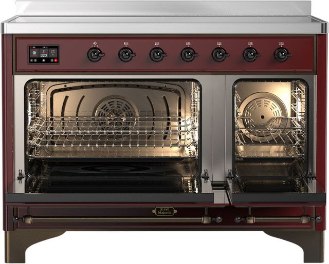 Ilve® Majestic III 48" Burgundy Pro Style Induction Range with Triple Glass Door and Burnished Trim-1