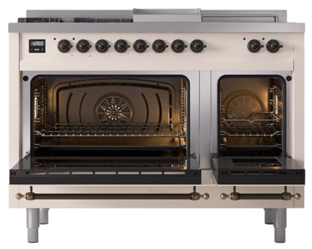 Ilve® Nostalgie II Noblesse 48'' Antique White Pro Style Dual Fuel Range with Burnished Trim-1