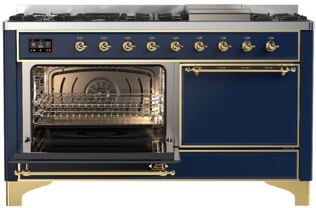 Ilve® Majestic III 60" Midnight Blue Pro Style Dual Fuel Natural Gas Range with Solid Door and Brass Trim-2
