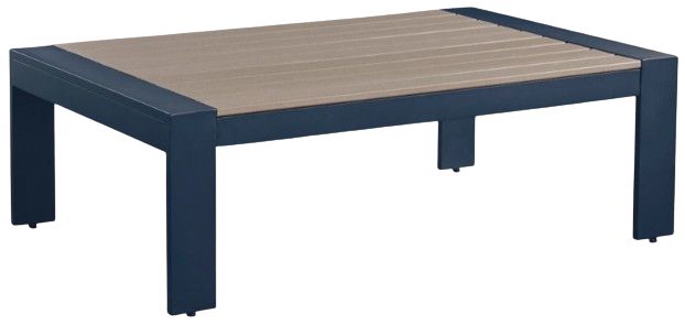 Signature Design by Ashley® East Beach Driftwood Aluminum/Wooden Outdoor Cocktail Table with Navy Blue Base-0