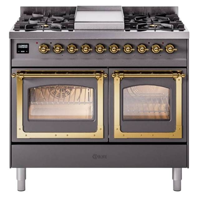 Ilve® Nostalgie II Noblesse 40'' Graphite Matte Pro Style Dual Fuel Range with Brass Trim-0